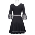 Kate Kasin Manteaux Lantern Femme Femme V-Neck V-Back Fleurs Crochet Noir Coton A-Line KK000775-1